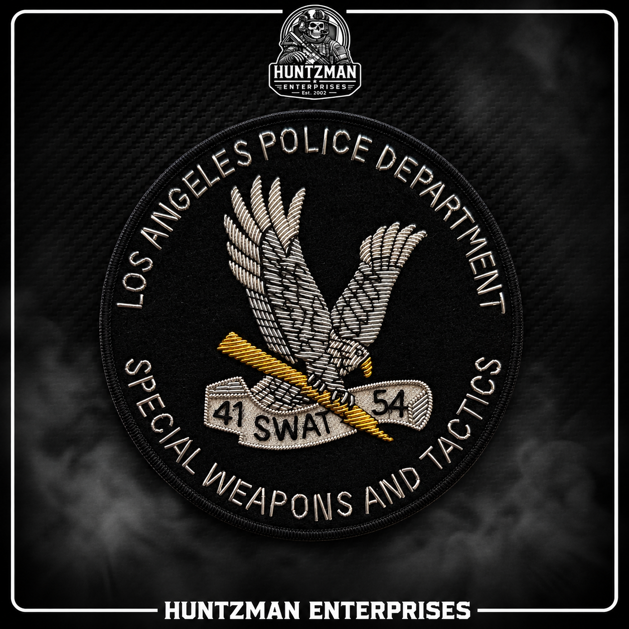 Custom 4-inch LAPD SWAT bullion patch produced by Huntzman Enterprises in 2008, featuring metallic silver eagle embroidery, gold lightning bolt, and historic 41 SWAT 54 insignia.  Copy