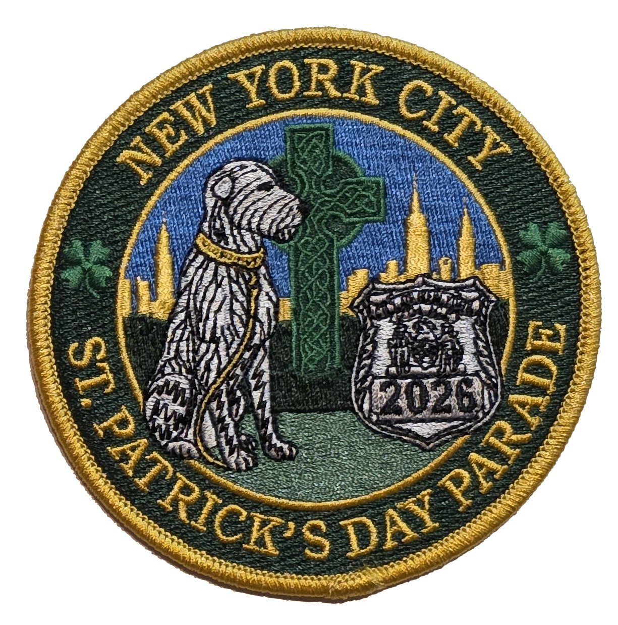 2026 NYPD NYC St. Patrick’s Day Parade embroidered commemorative patch with Celtic cross and NYPD shield