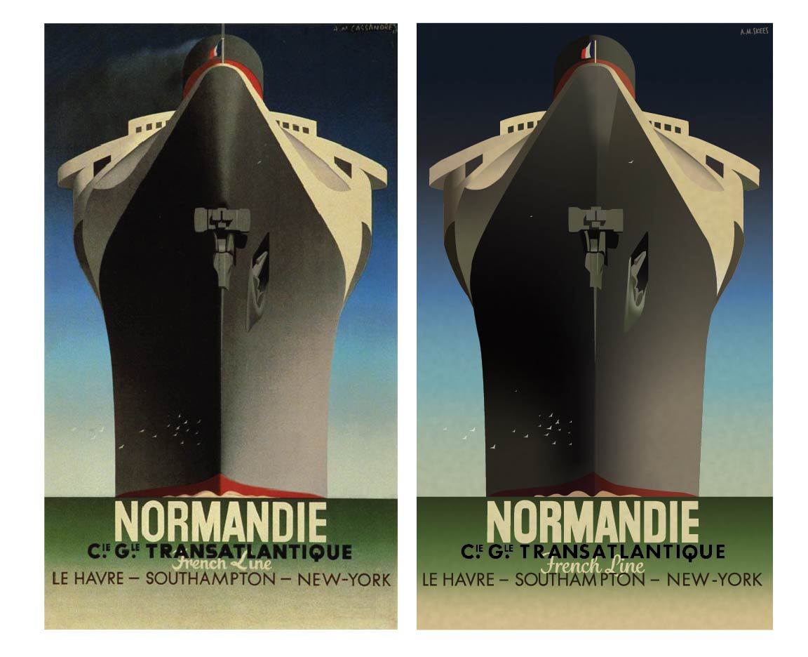 When work is slow I like to give myself assignments. Here I have taken AM Cassandre’s poster for the Normandie and made it into vector art. Basically this was an extended lesson in gradients and shape building. Finding the right fonts was also a challenge as most are either custom or no longer in use. The header on mine is a highly edited version of Impact, with Futura Heavy beneath, with a custom C and Q. The script is Gafolita from Adobe typekit with a custom F made from the letter I. Finally the port of call names are in Futura book weight. All lines had custom kerning.