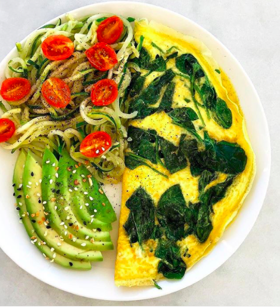 Omelette aux épinards, spaghettis de courgettes, tomates et avocat   