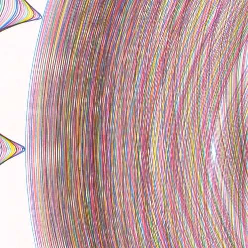 Detail of intricate multi-color line work in Tutti Frutti , ink on paper, 42x42 inches.