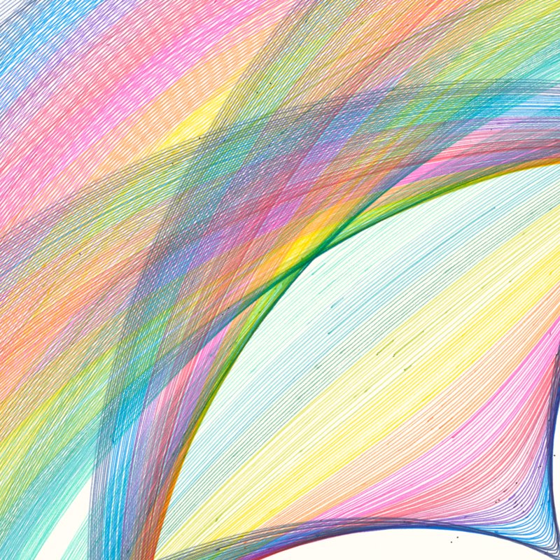 Abstract circle drawing in rainbow colors "Softserve Electromagnets" pigment ink on paper, 55x55 inches. Artist Mary Wagner. marywagner.com