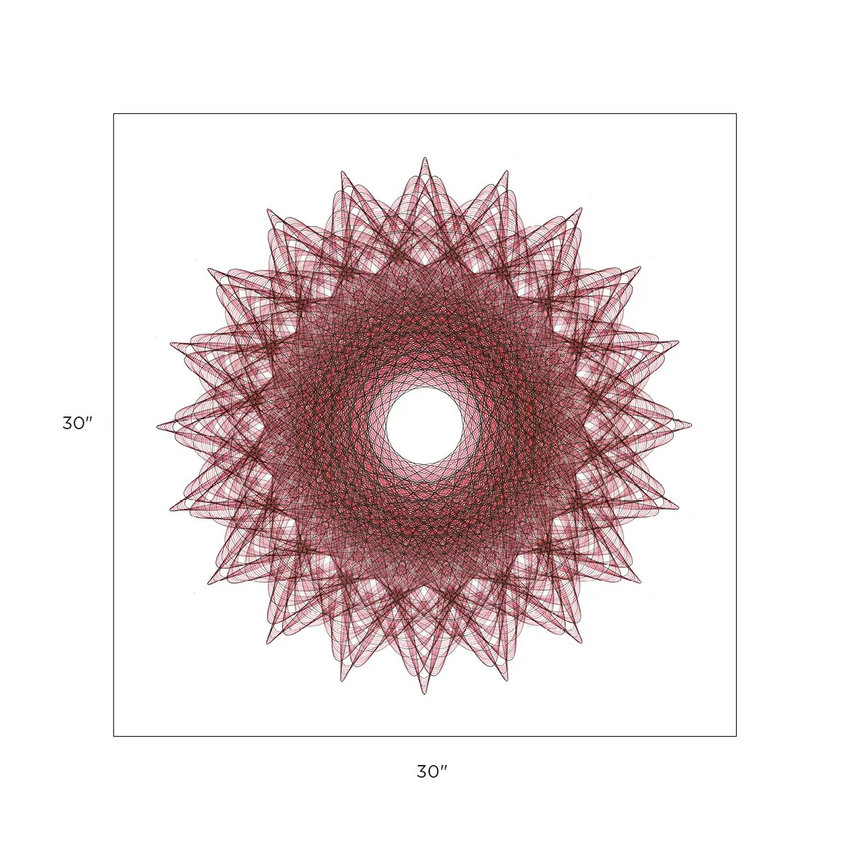 Change: Title Size Color  Artist: Mary Wagner, "Moulin Rouge" ink on paper, 30x30 inches. Red and black pigment ink windmill drawing. marywagner.com Copyright Mary Wagner.