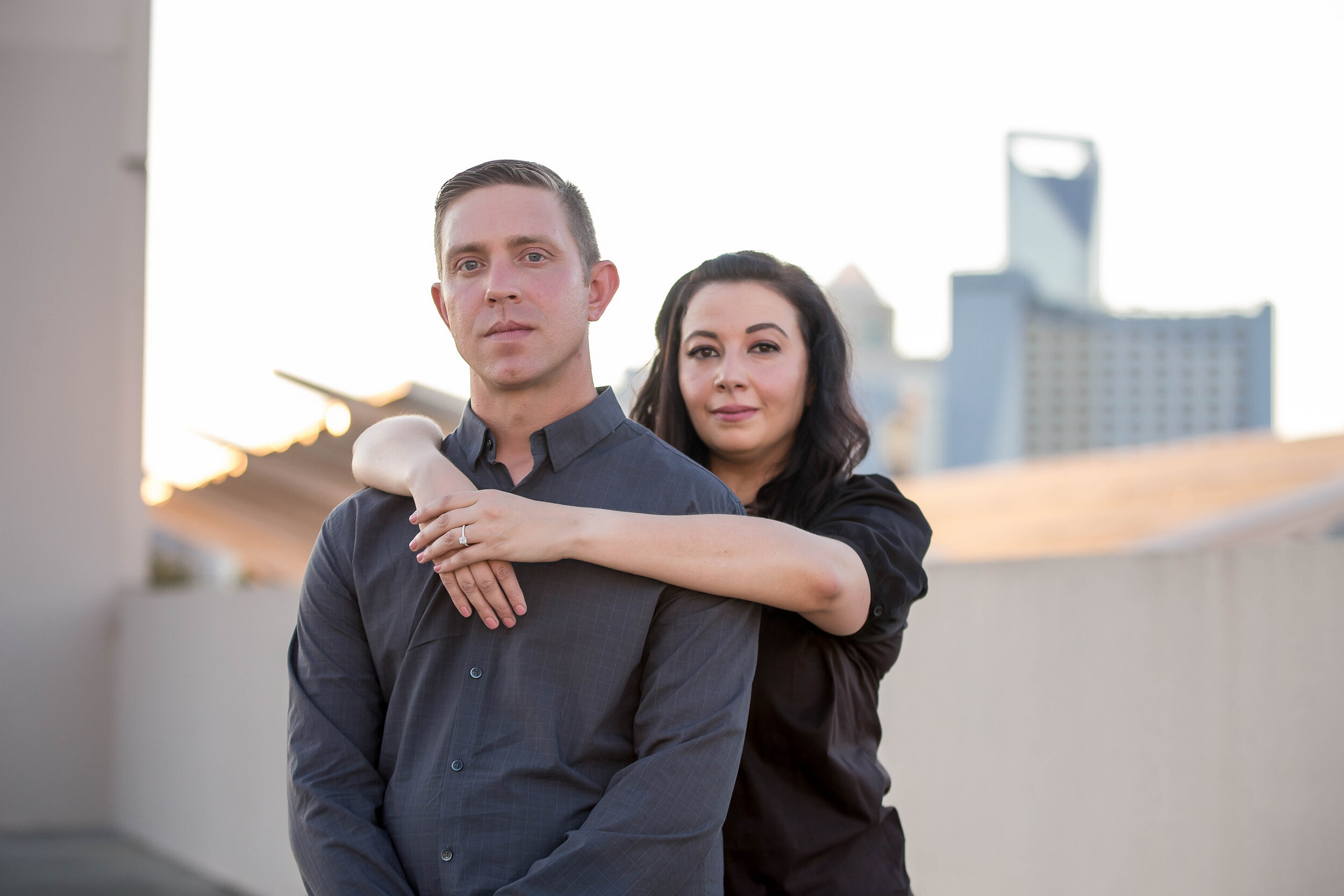 charlotte north carolina wedding photographer engagement session cityscape with dog