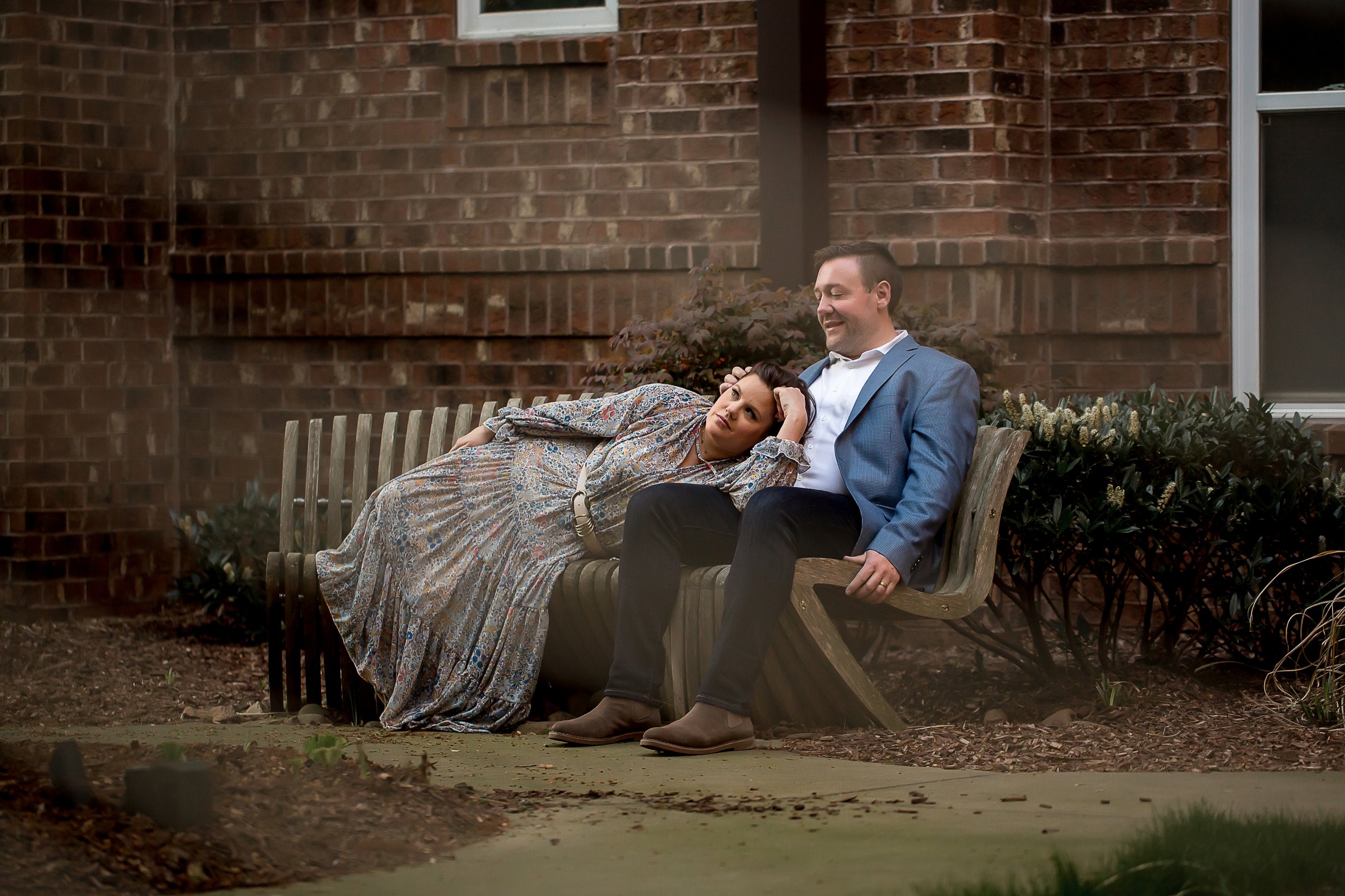 charlotte north carolina photographer engagement session plaza midwood park bench