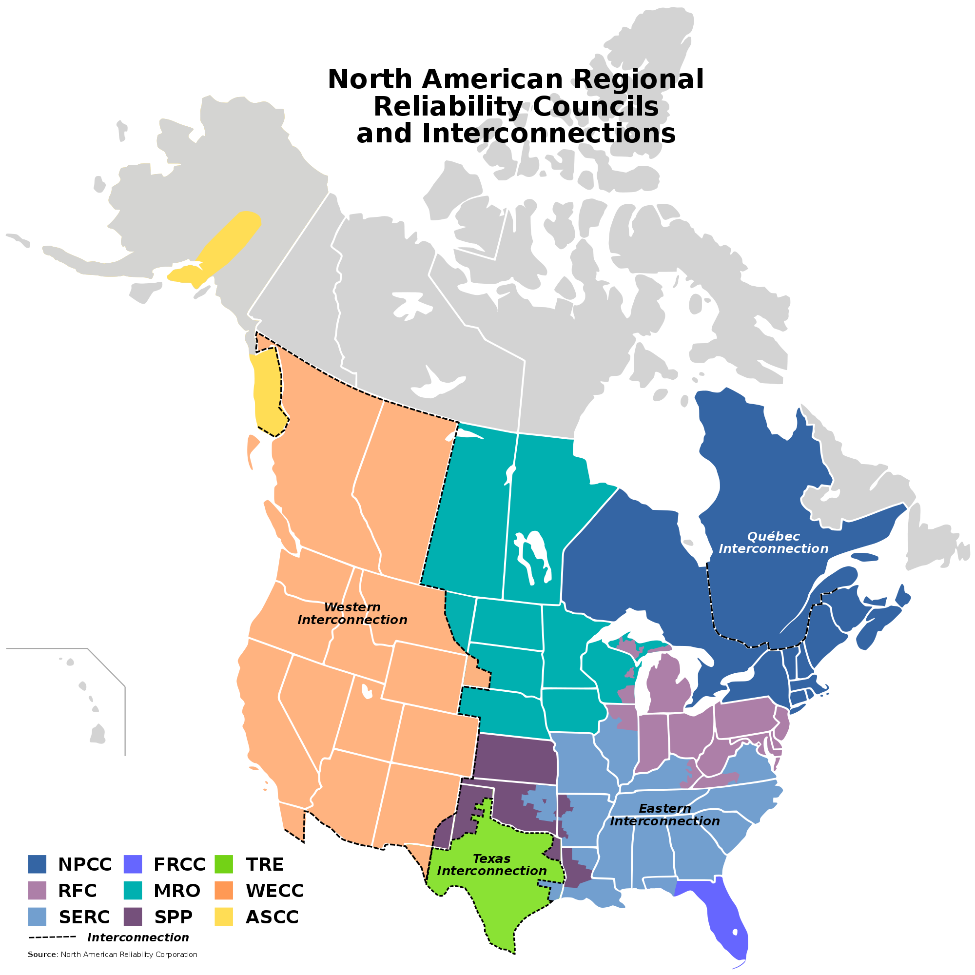 Reliability regions in North America overseen by NERC. See Wikipedia for more detail.