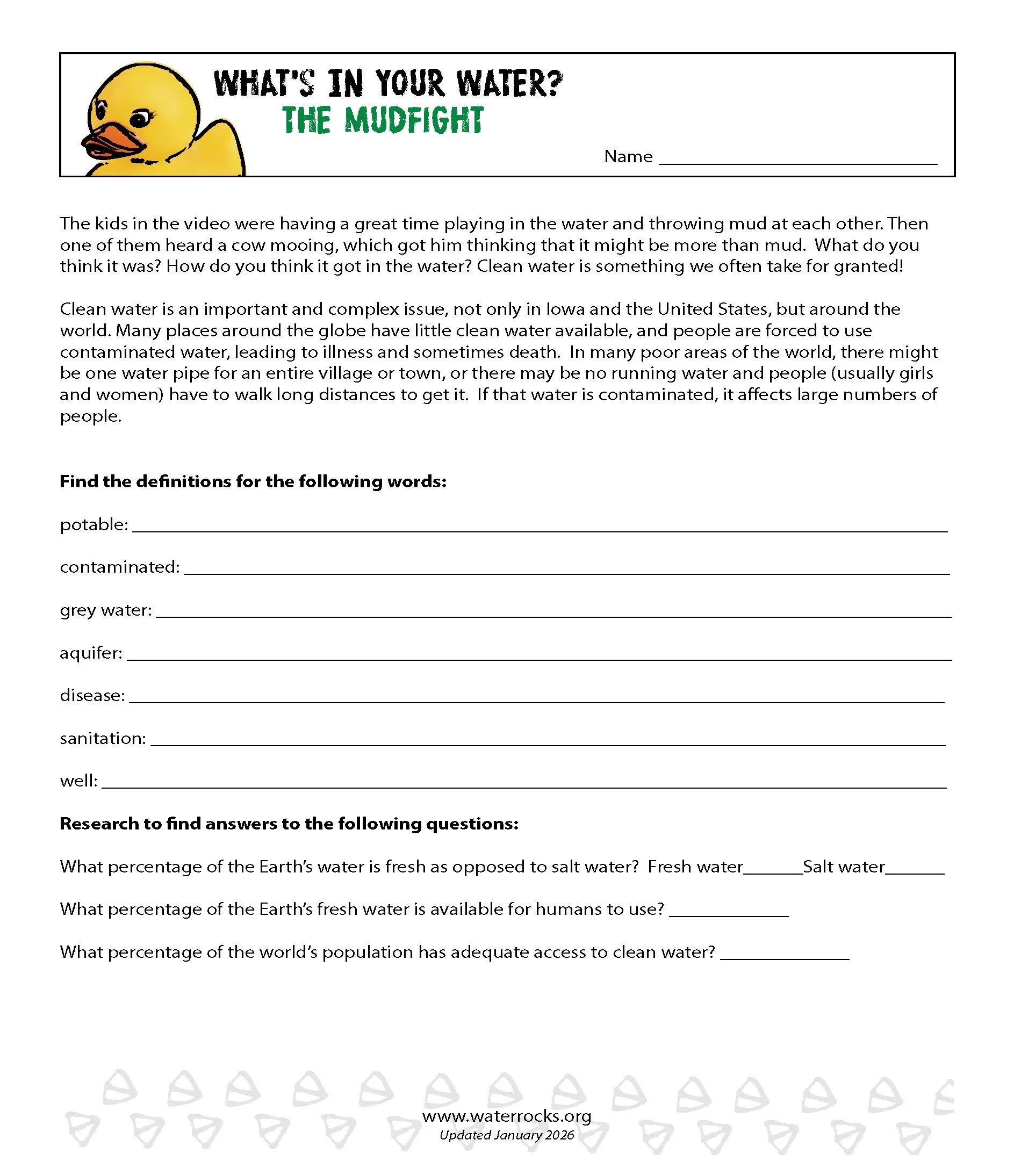 Activity to accompany The Mudfight video in What's In Your Water? series
