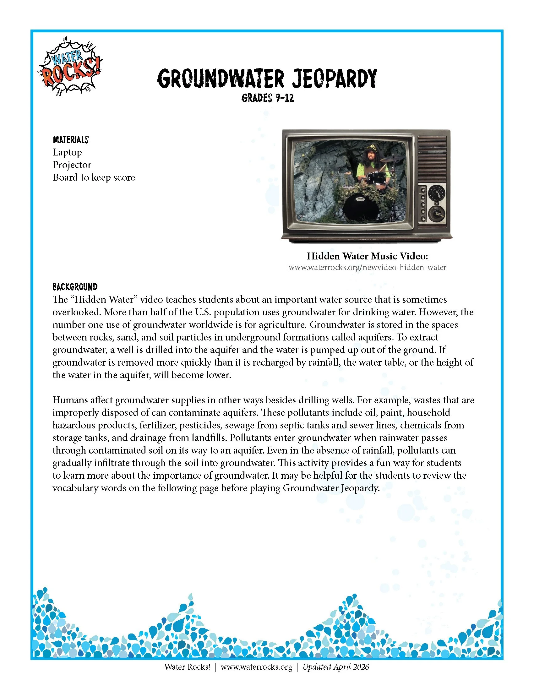 Groundwater Jeopardy instructions (click Groundwater Jeopardy Instructions for full document)
