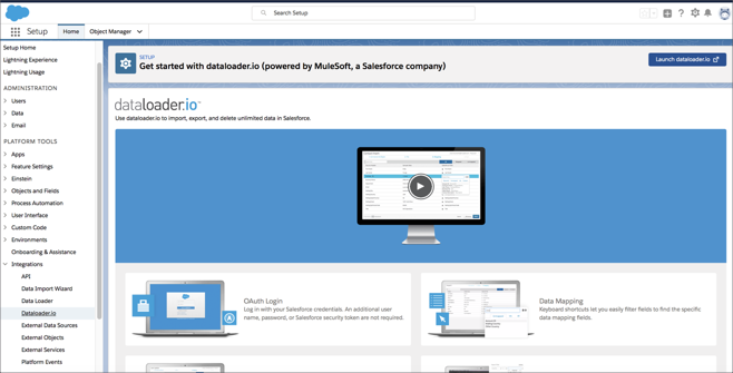 Mulesoft dataloader plus other other data import and integration tools available within Salesforce
