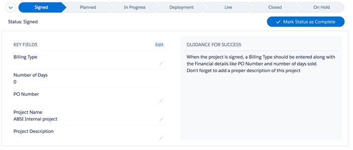 An example of a predefined process ‘Path’ in Salesforce, along with instructions on required data fields and guidance for completion