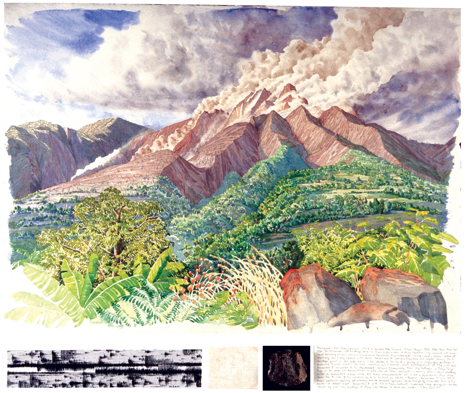 Tony Foster, Montserrat from Harris Lookout, 190º S to Soufrière Hills Volcano , 1996 | Watercolor and graphite on paper, mixed media | 22 1/4 x 30 7/8 in. / 3 x 31 in. | 1996.1.25