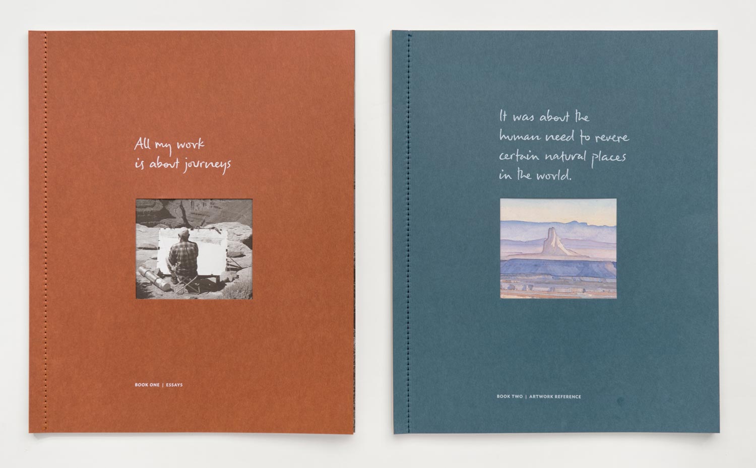 Two side-sewn booklets with essays and detailed information about every artwork. 9.75 x 12 in. each. 108 pages total.