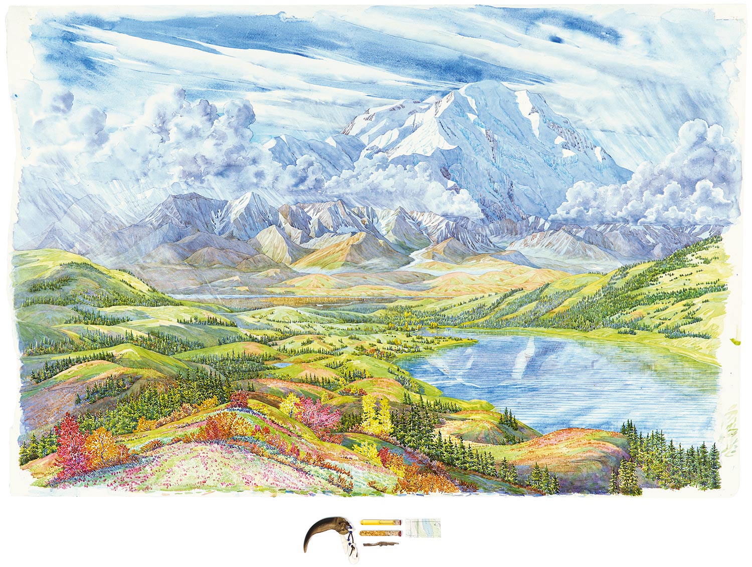  Tony Foster,  Denali and Wonder Lake Looking South from Ansel Adams Point , 2014. Watercolor and graphite on paper, acrylic, bone, leather, glass beads, glass tubes, oil, gold, cork, wax, wood, map. 36 x 54 in. | 3 1/2 x 10 in. Photo by Trevor Burro