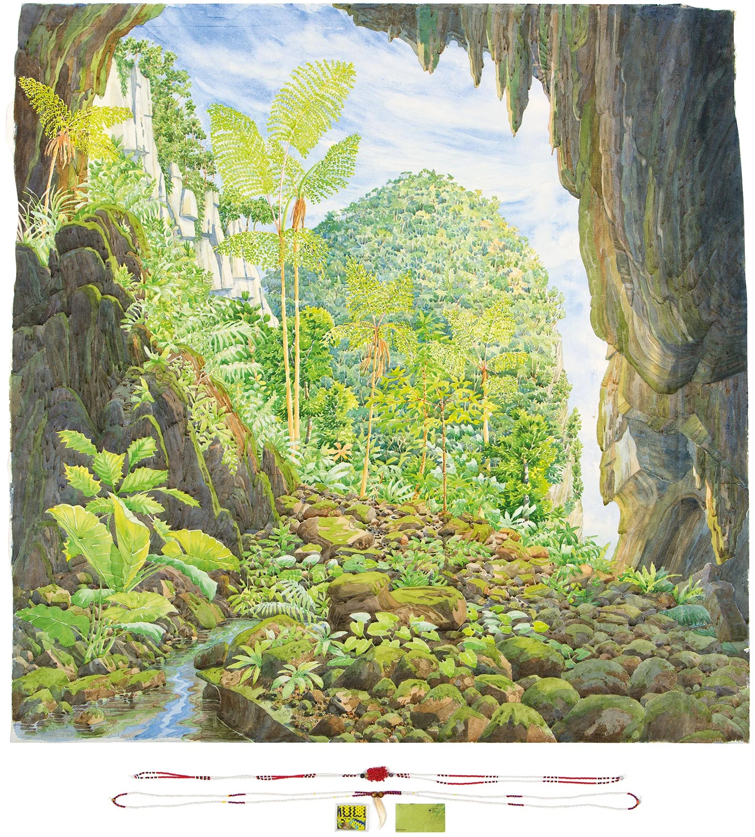 Tony Foster, Looking Out from Deer Cave, Mulu—Six Days , 2015. Watercolor and graphite on paper, beads (wood, glass, plastic), filament, animal tooth, map, glass button, acrylic box. 36 1/4 x 36 1/8 in. | 3 1/2 x 26 in. Photo by Trevor Burrows Photography. Courtesy of Foster Art & Wilderness Foundation.