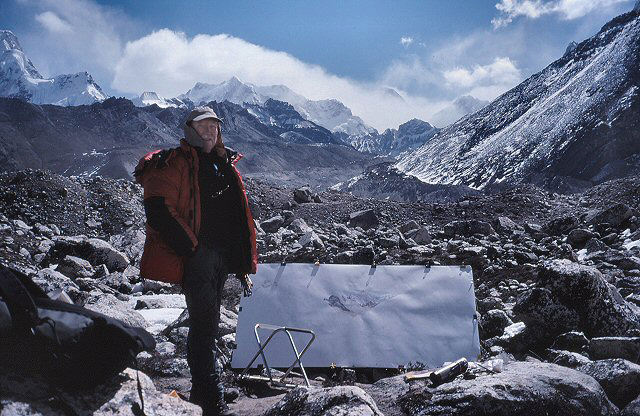  Tony Foster with his painting above Gokyo Ri, Mount Everest. Photo by Mike Nathan. Courtesy of Foster Art &amp; Wilderness Foundation. 