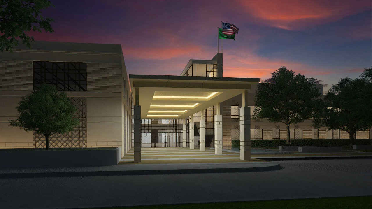 A night view of the main entrance highlights the theme of the animation which was “a day at the school”.