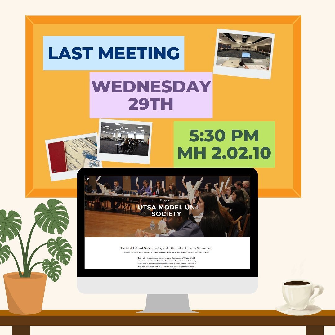 As the fall semester comes to an end, we would like to thank everyone for being a part of MUN! We would also like to invite everyone to our last meeting of this semester (it is right after the meeting for NMUN). We will go over officer positions, the