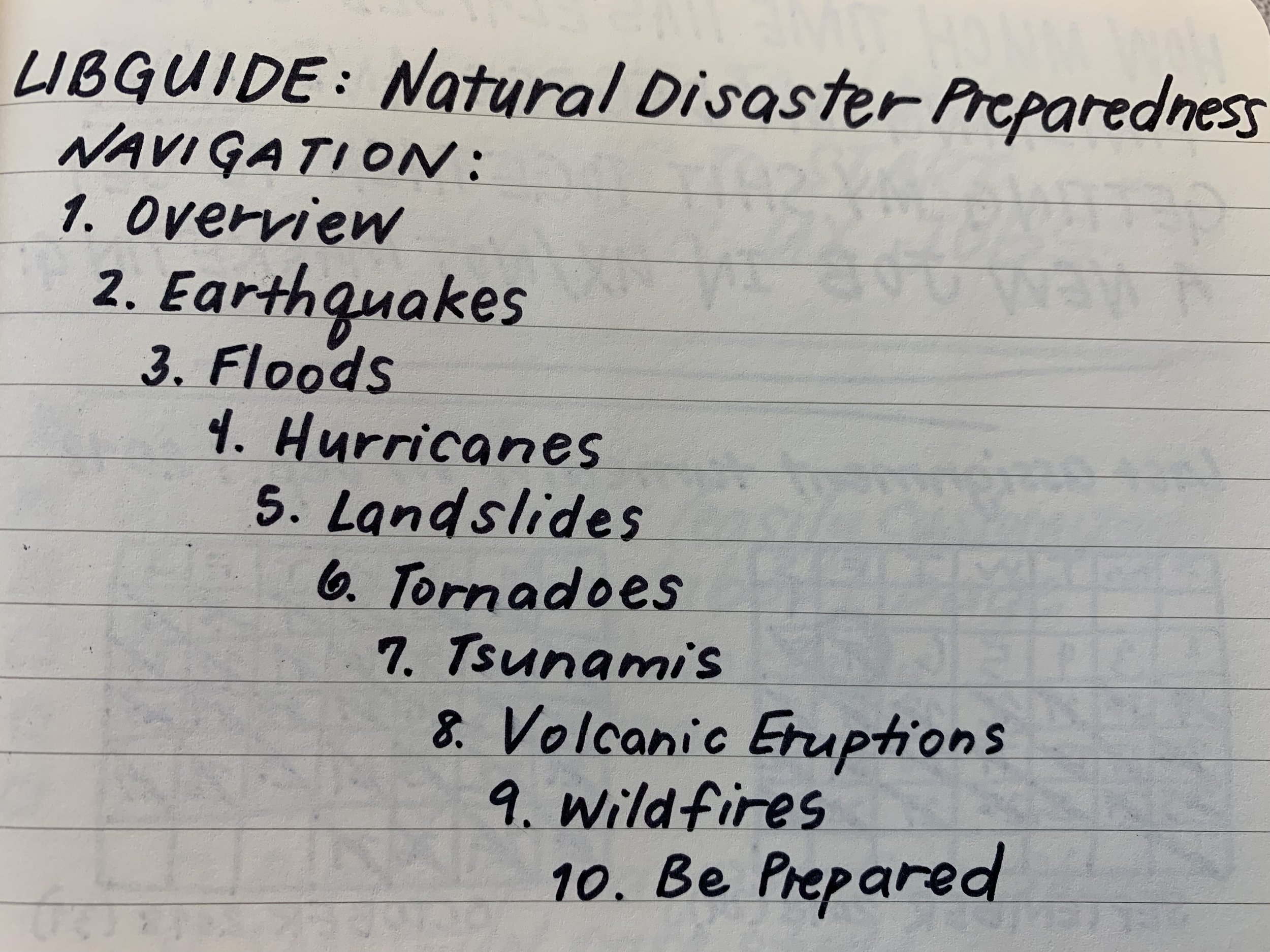 Pictured: the final list of the ten pages in the resource guide, including eight major types of natural disasters.