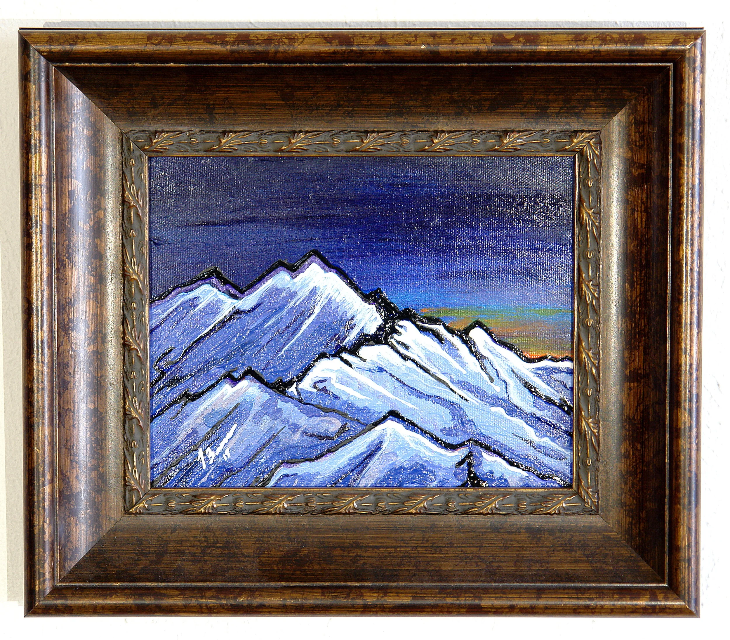 Snowy Mountain Top  Acrylic Framed Canvas  15'' Wide x 13'' Tall  1 3/4’’ Thick  $385.00