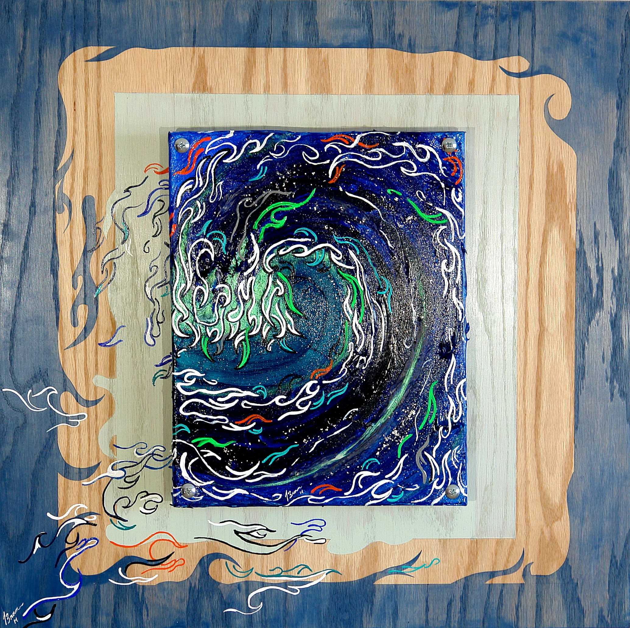 Wood Wave  Acrylic canvas mounted with stand offs on stained wood  24'' x  24''  2’’ Thick  $400.00