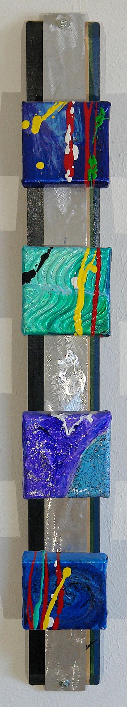 Splash Back ( Front View )  Acrylic canvas mounted on brushed aluminum and stained wood  7’’Deep  32’’Tall x 6'' Wide $400.00