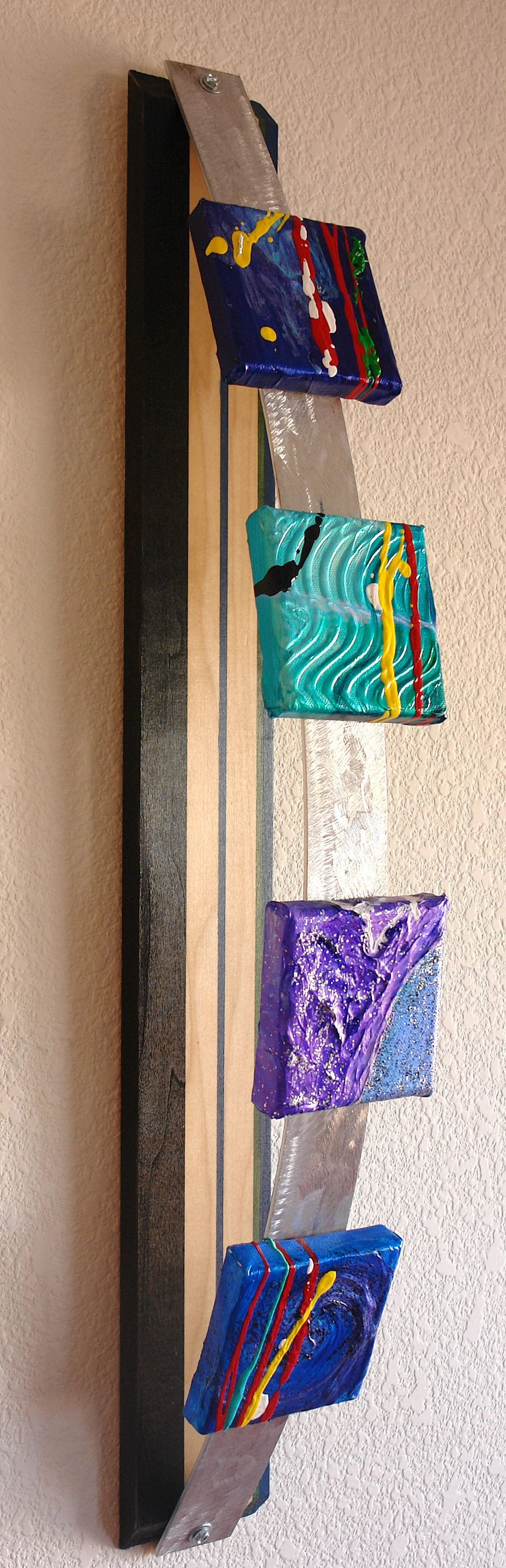 Splash Back ( Side View )  Acrylic canvas mounted on brushed aluminum and stained wood  7’’Deep  32’’Tall x 6'' Wide $400.00