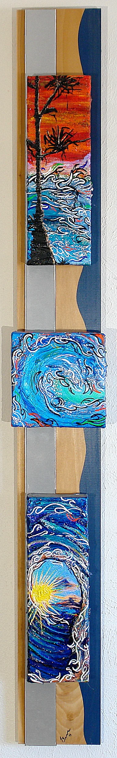 Beach Vibes  Acrylic canvas mounted on brushed aluminum and stained wood  2 1/2'' Deep  48'' Tall x 6'' Wide  $300.00