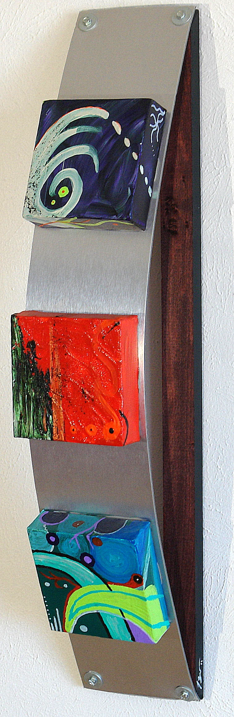 Acrylic canvas mounted on brushed aluminum and stained wood background  6 3/4'' Deep  29'' Tall x 6'' Wide  $285.00