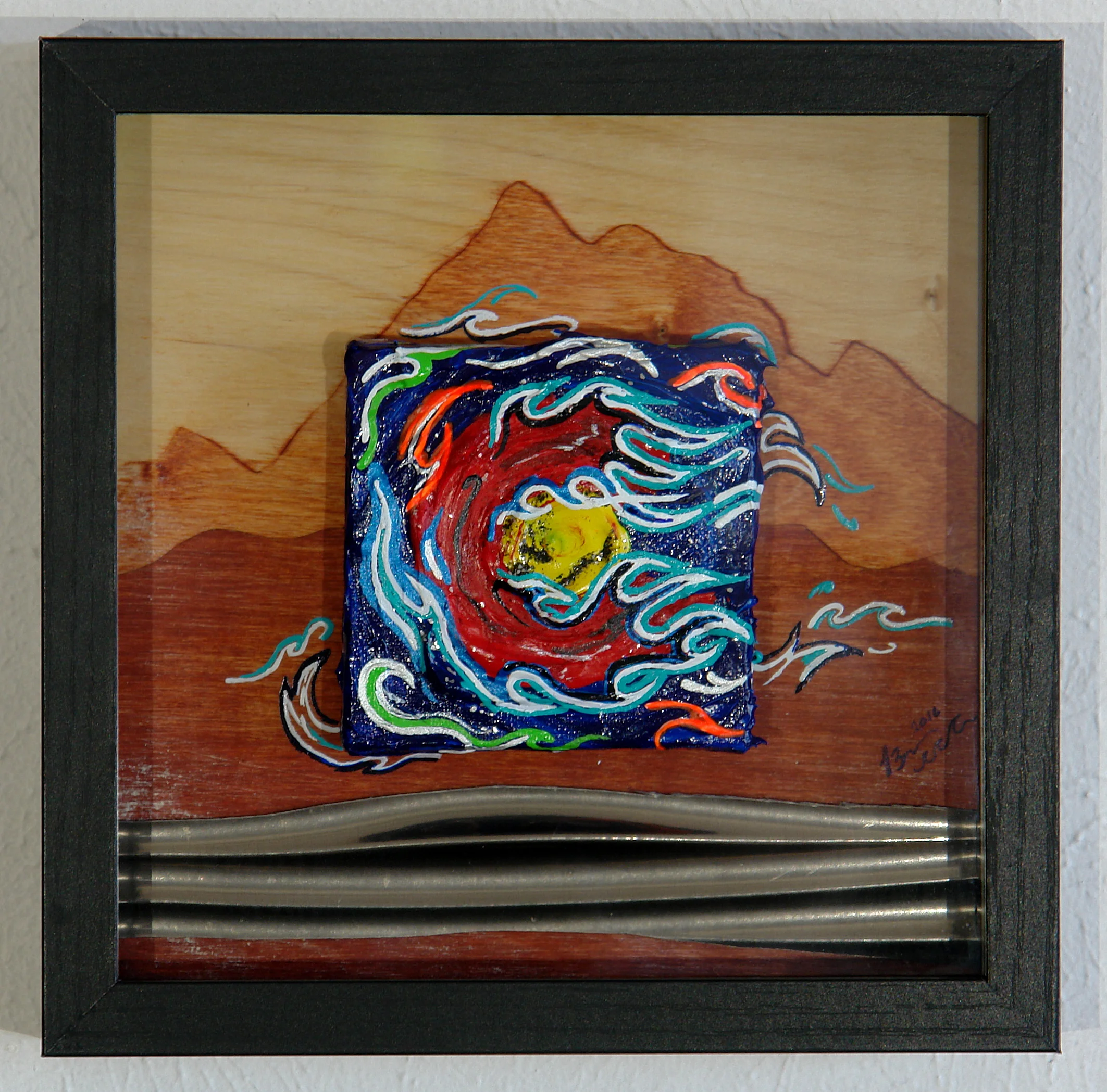 ** SOLD ** Colorado Waves  Acrylic canvas mounted on stained wood background in shadow box frame  1 3/4'' Deep  10'' Tall x 10'' Wide  $100.00