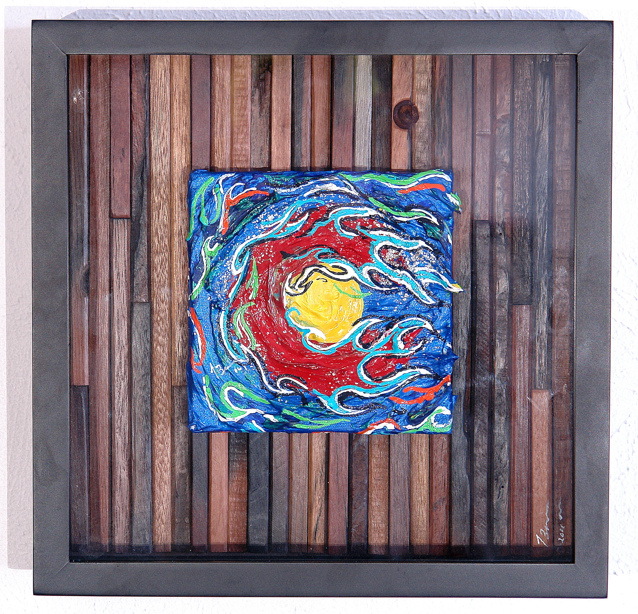 ** SOLD ** Colorado Waves  Acrylic canvas mounted on stained wood background in shadow box frame  3'' Deep  13'' Tall x 13'' Wide  $200.00