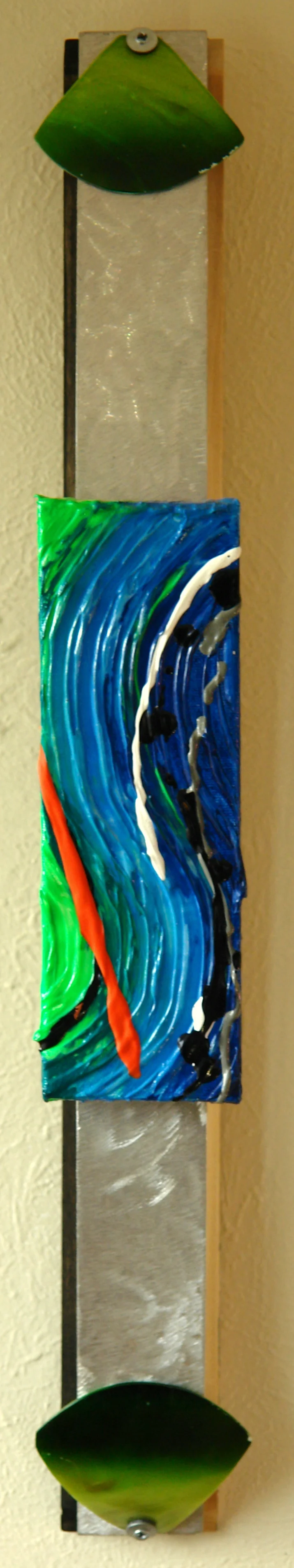 ( Front View )  Acrylic canvas mounted on brushed aluminum and stained wood  4'' Deep  24’’ Tall x 2 1/2''' Wide $250.00