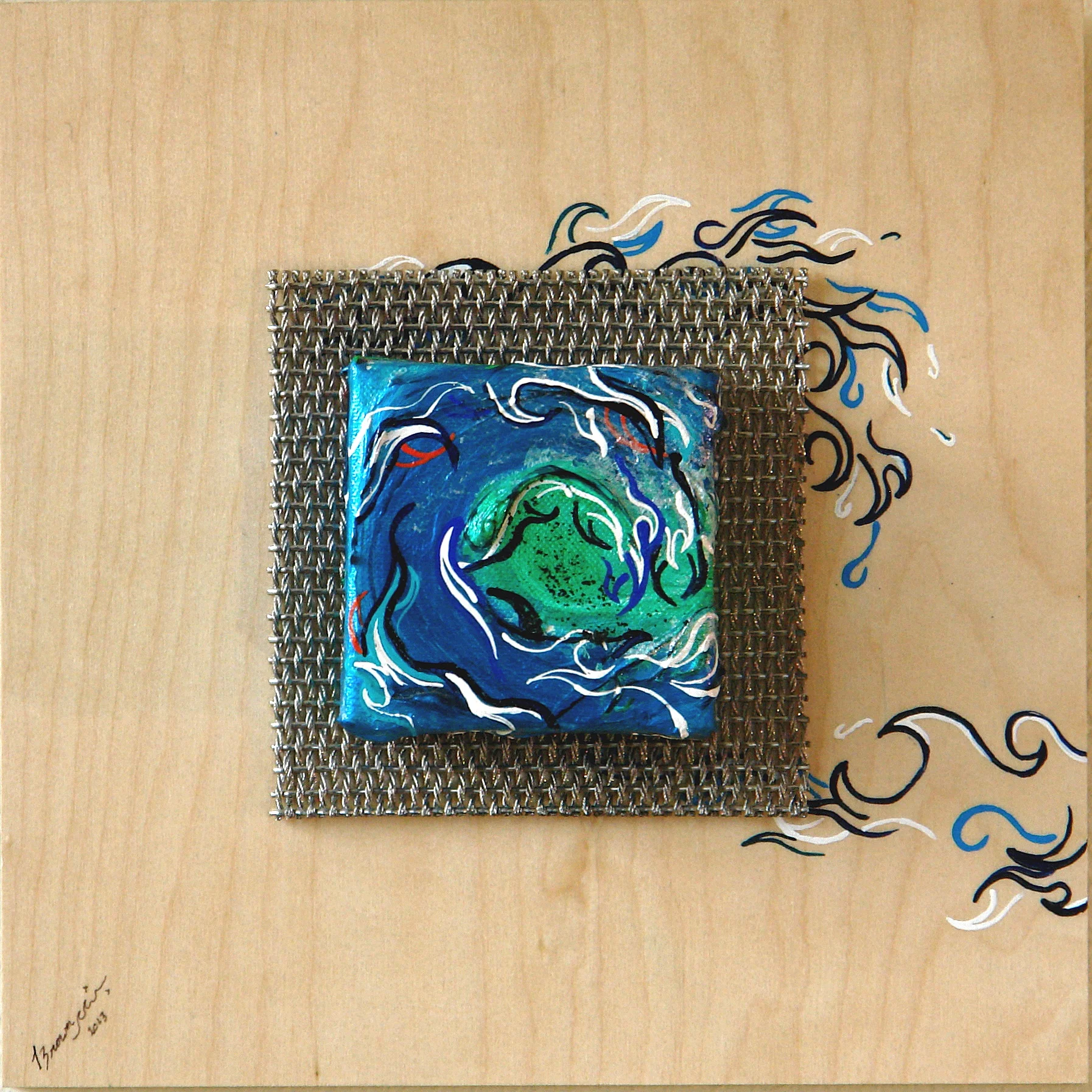 Curl  Acrylic canvas mounted on mesh &amp; stained wood  2'' Deep  12'' Tall x 12'' Wide  $350.00
