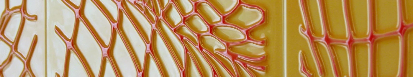  All works are created with a cast of resin on a wood panel prepared with white enamel paint. The finished work is a relief of colored and translucent resin on the white surface