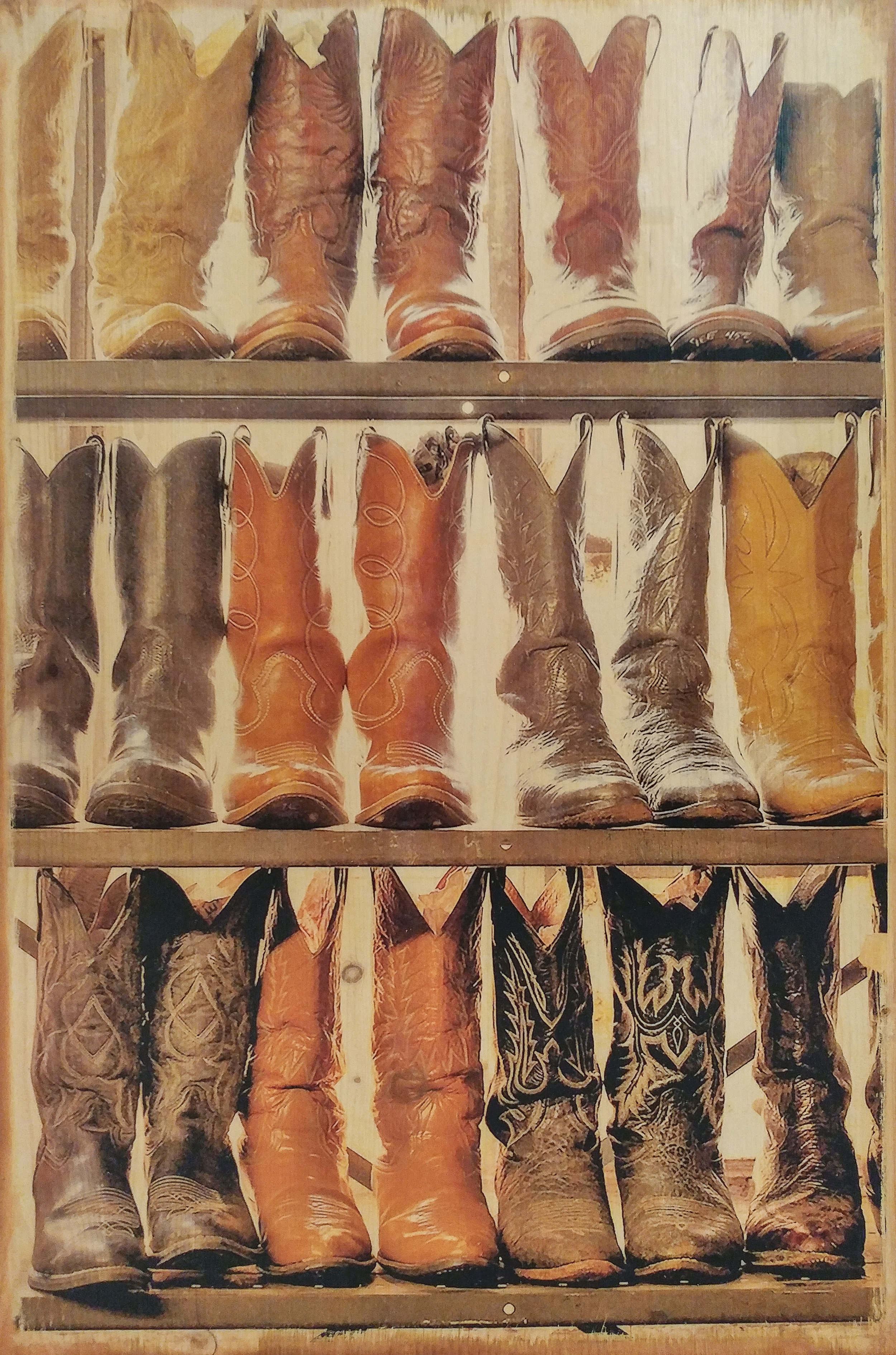 Boots - photographic transfer on wood with stain