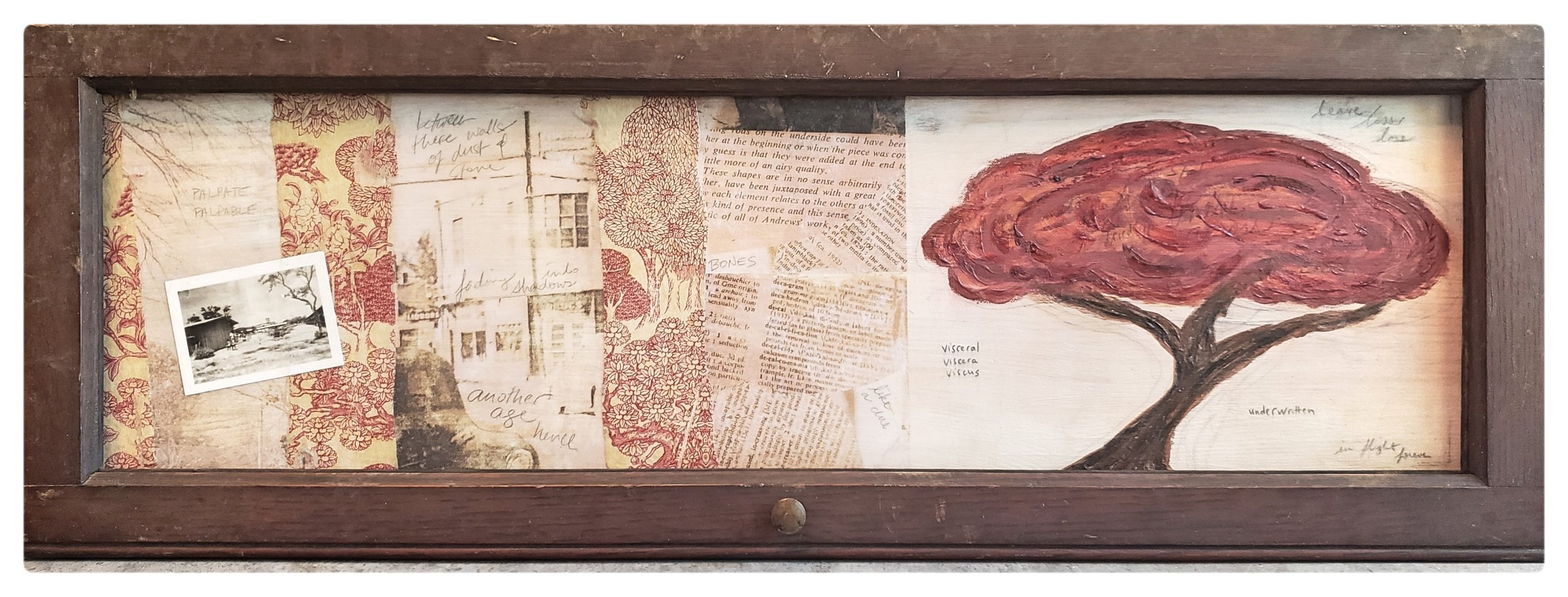 Erosion - mixed media on wood framed in antique barrister bookshelf door