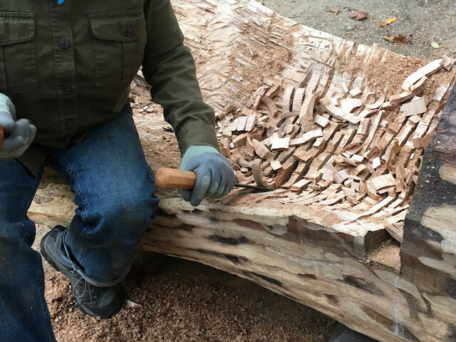 Smaller 'piano keys' are removed with mallet and chisel.