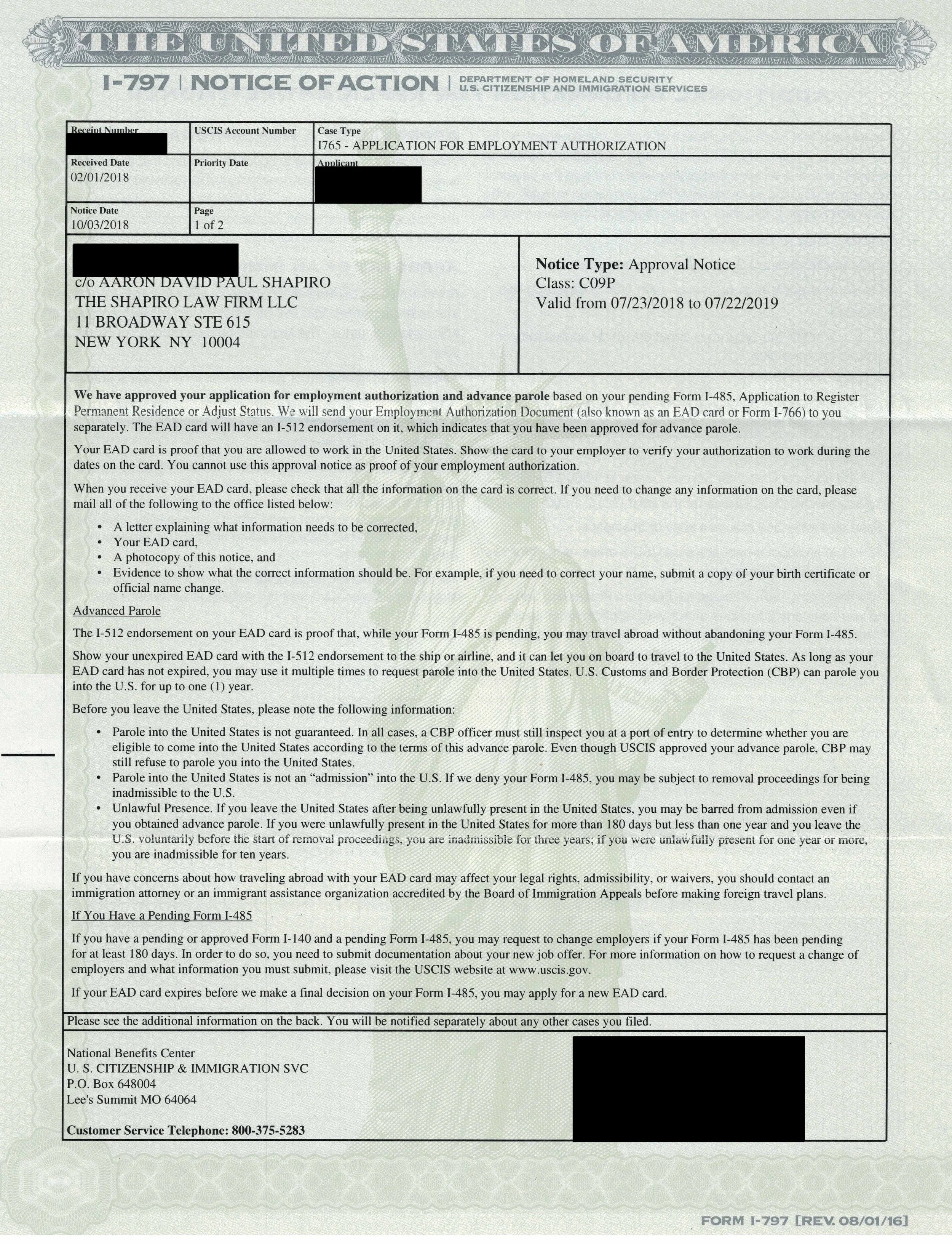 I-797, Notice of Action - I-765 Approval Notice