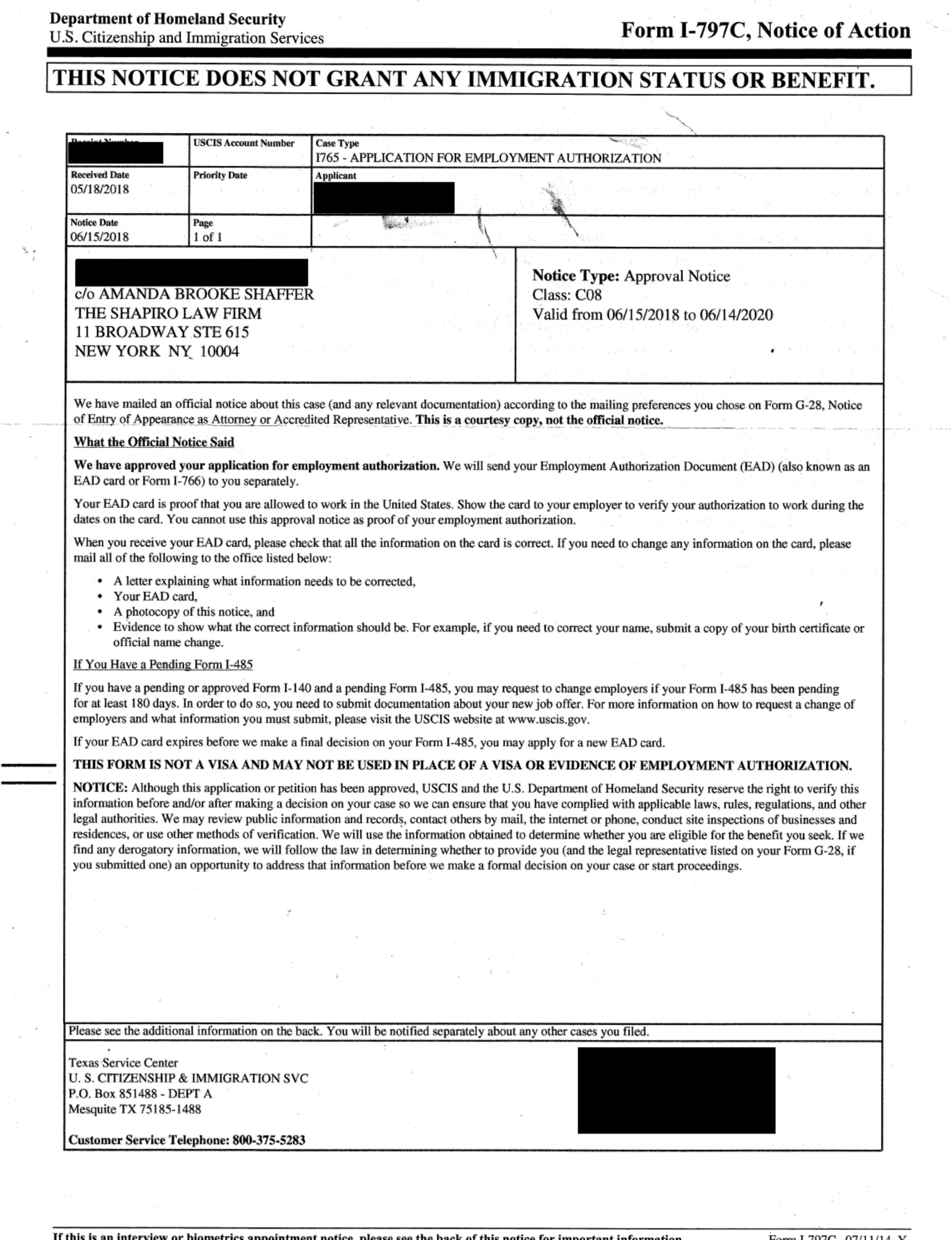 I-797C, Notice of Action - I-765 Approval Notice