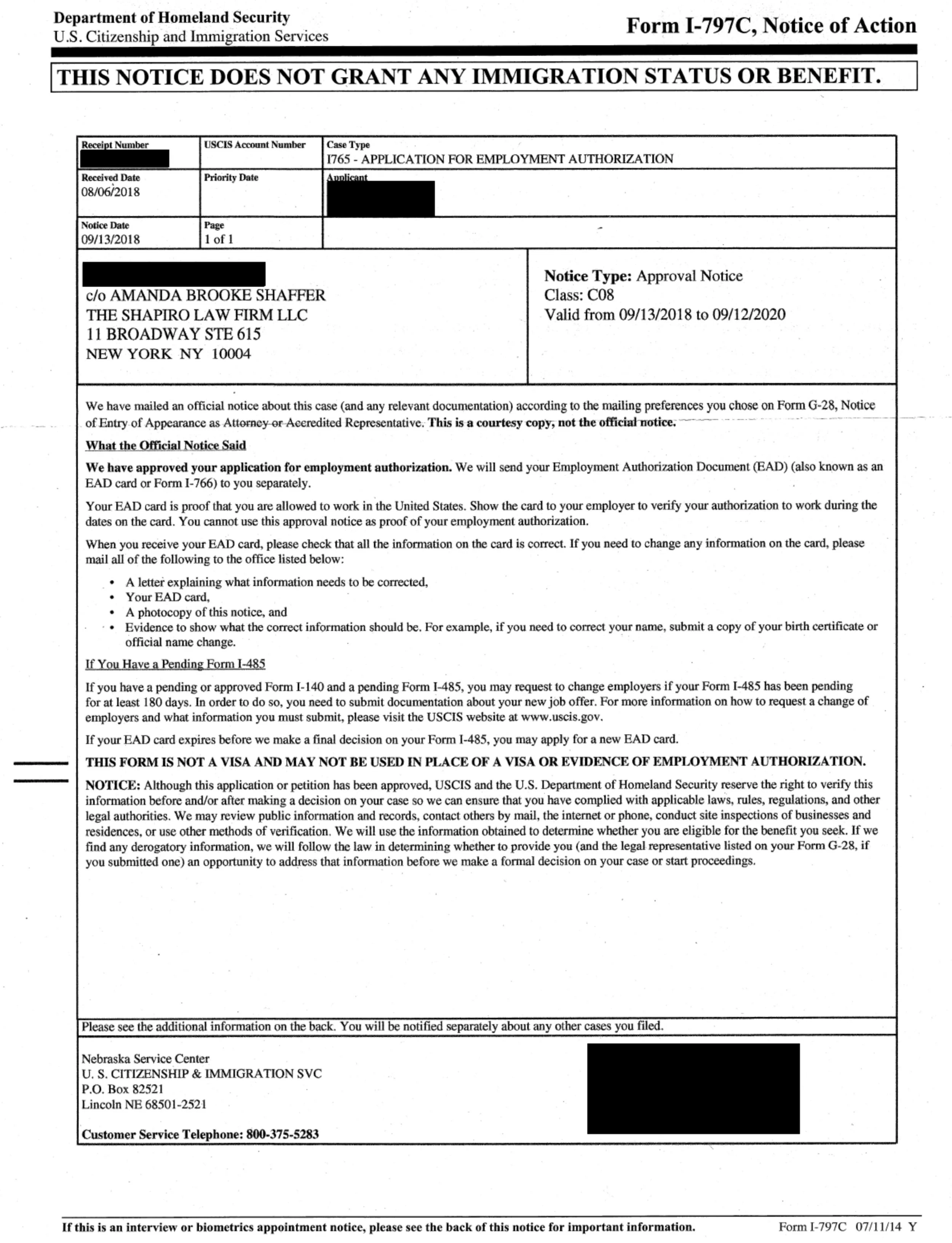 I-797C, Notice of Action - I-765 Approval Notice
