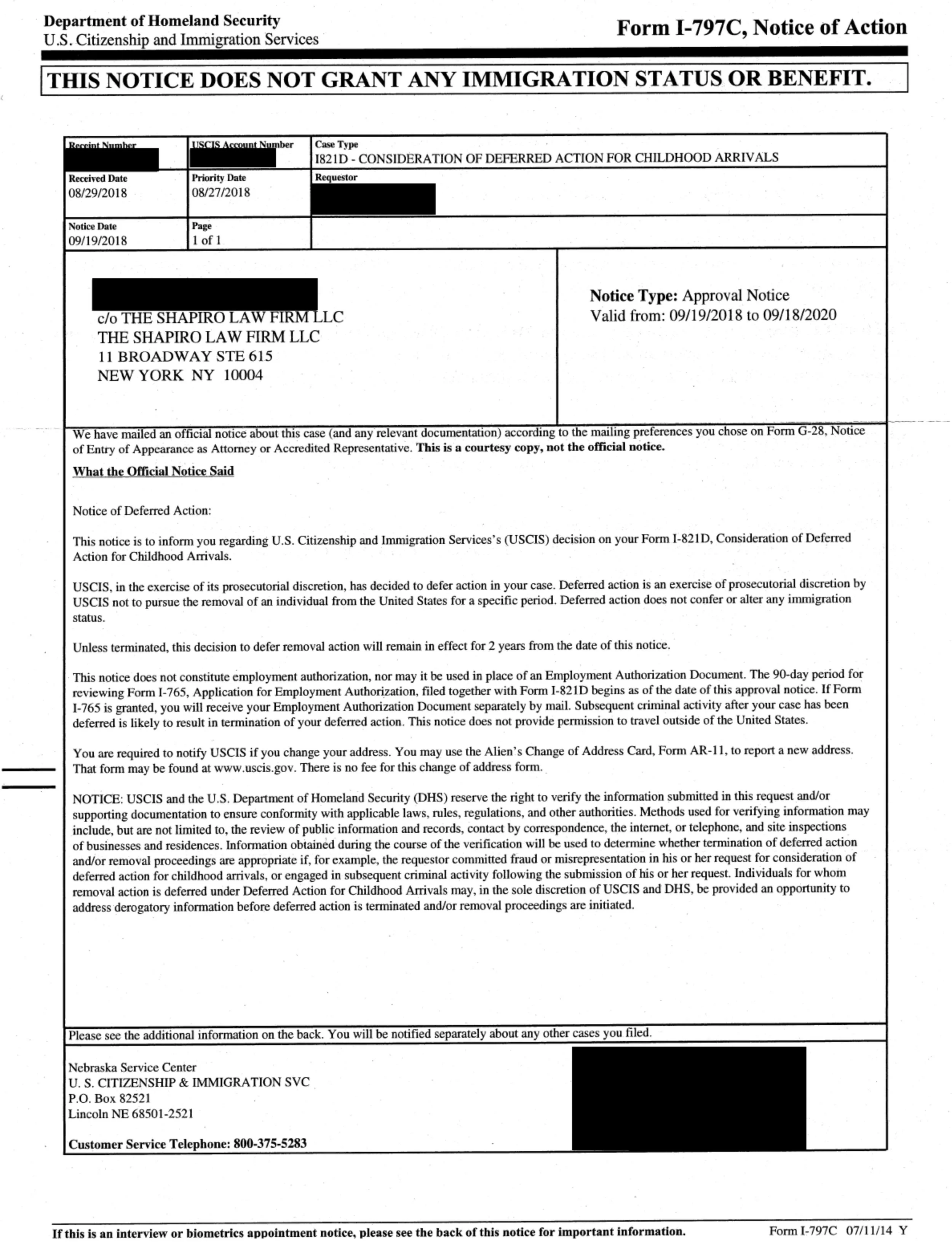 I-797C, Notice of Action - I-821D Approval Notice