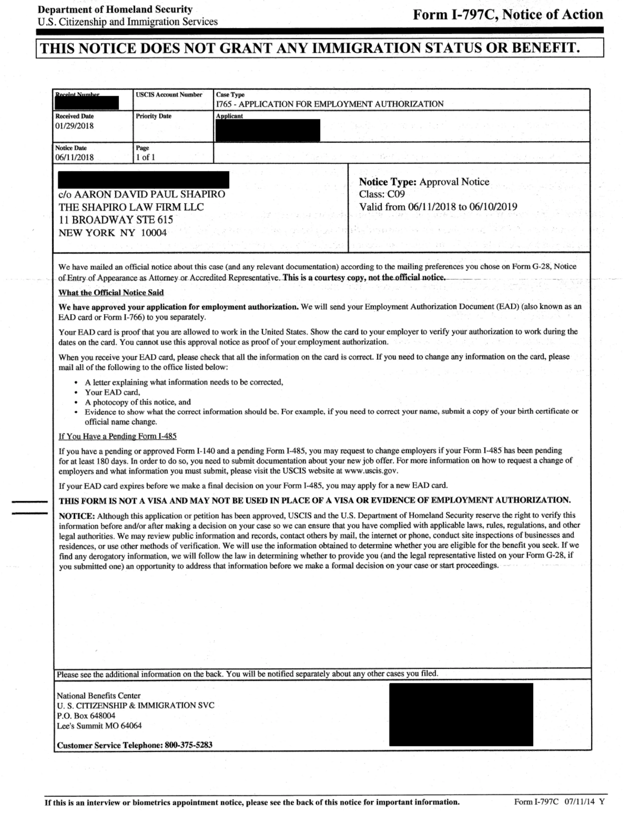 I-797C, Notice of Action - I-765 Approval Notice