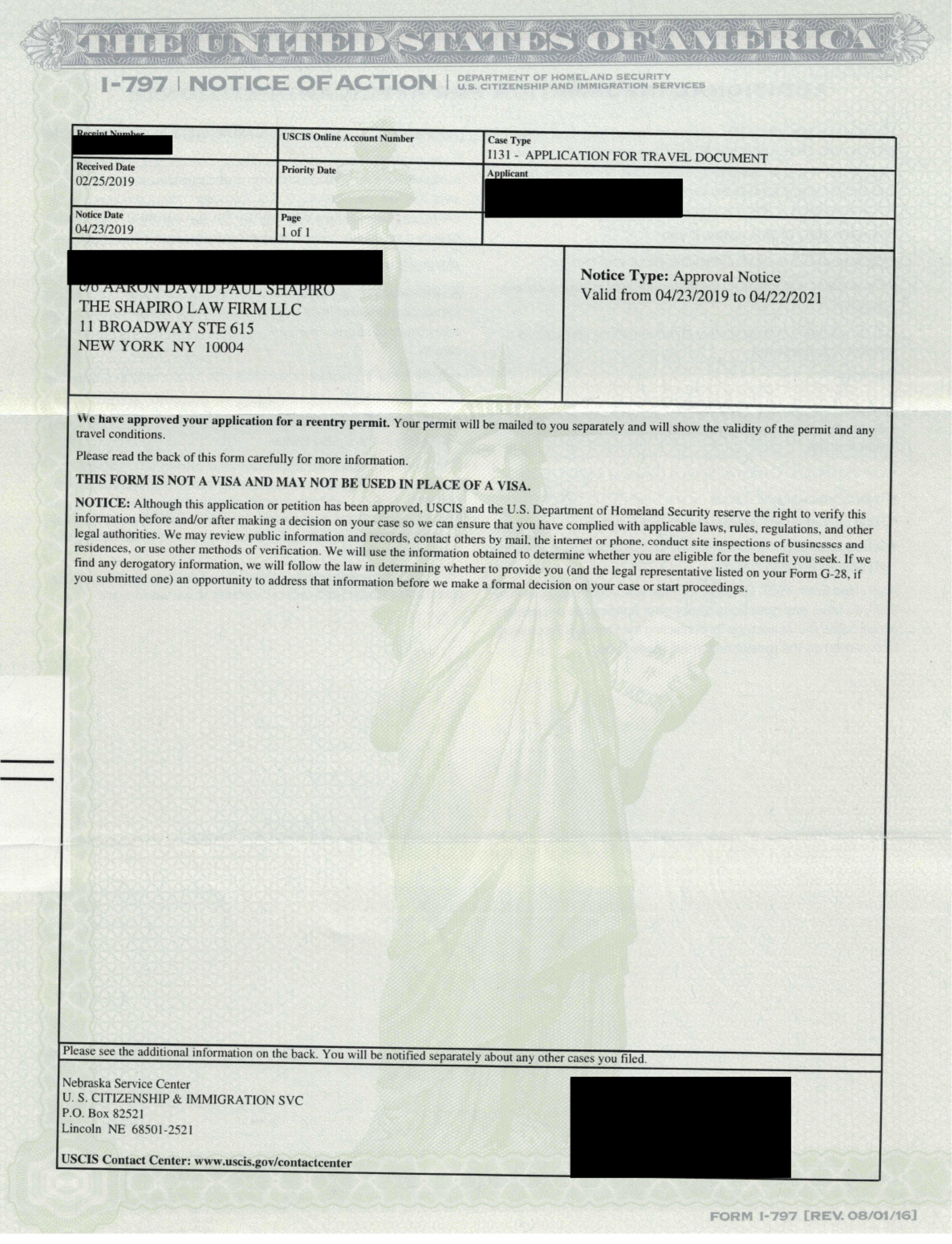 Form I-797, Notice of Action. I-131 Approval Notice