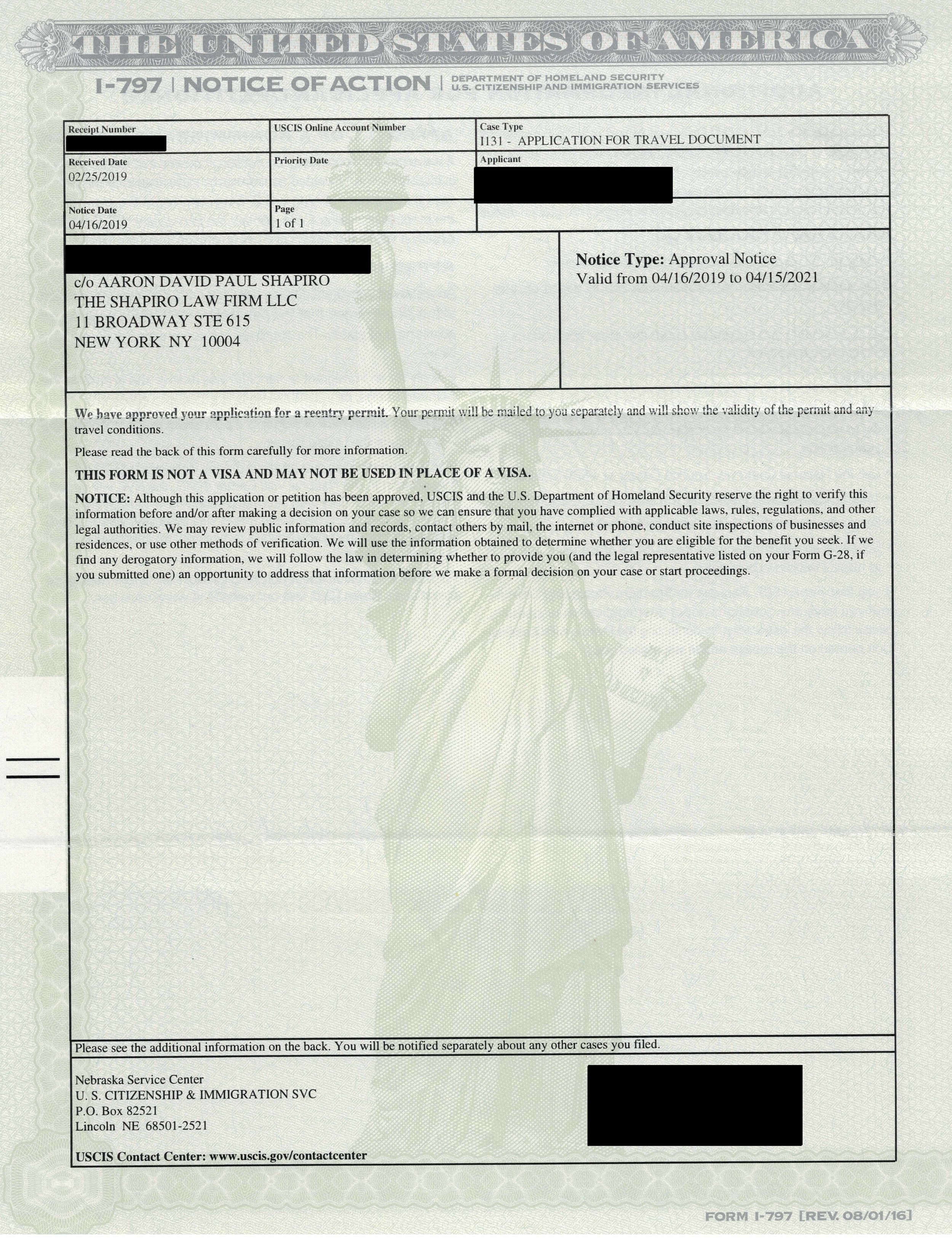 Form I-797, Notice of Action. I-131 Approval Notice