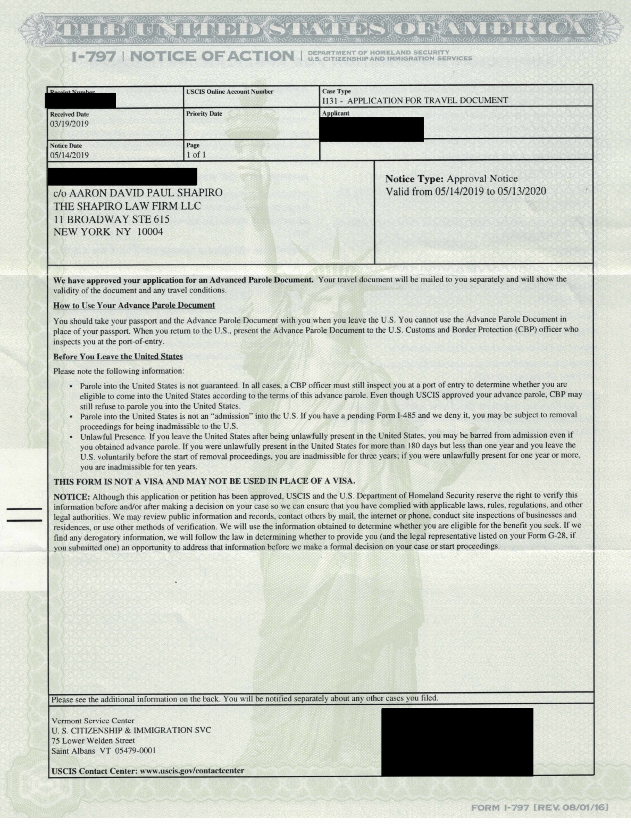 Form I-797, Notice of Action. I-131 Approval Notice