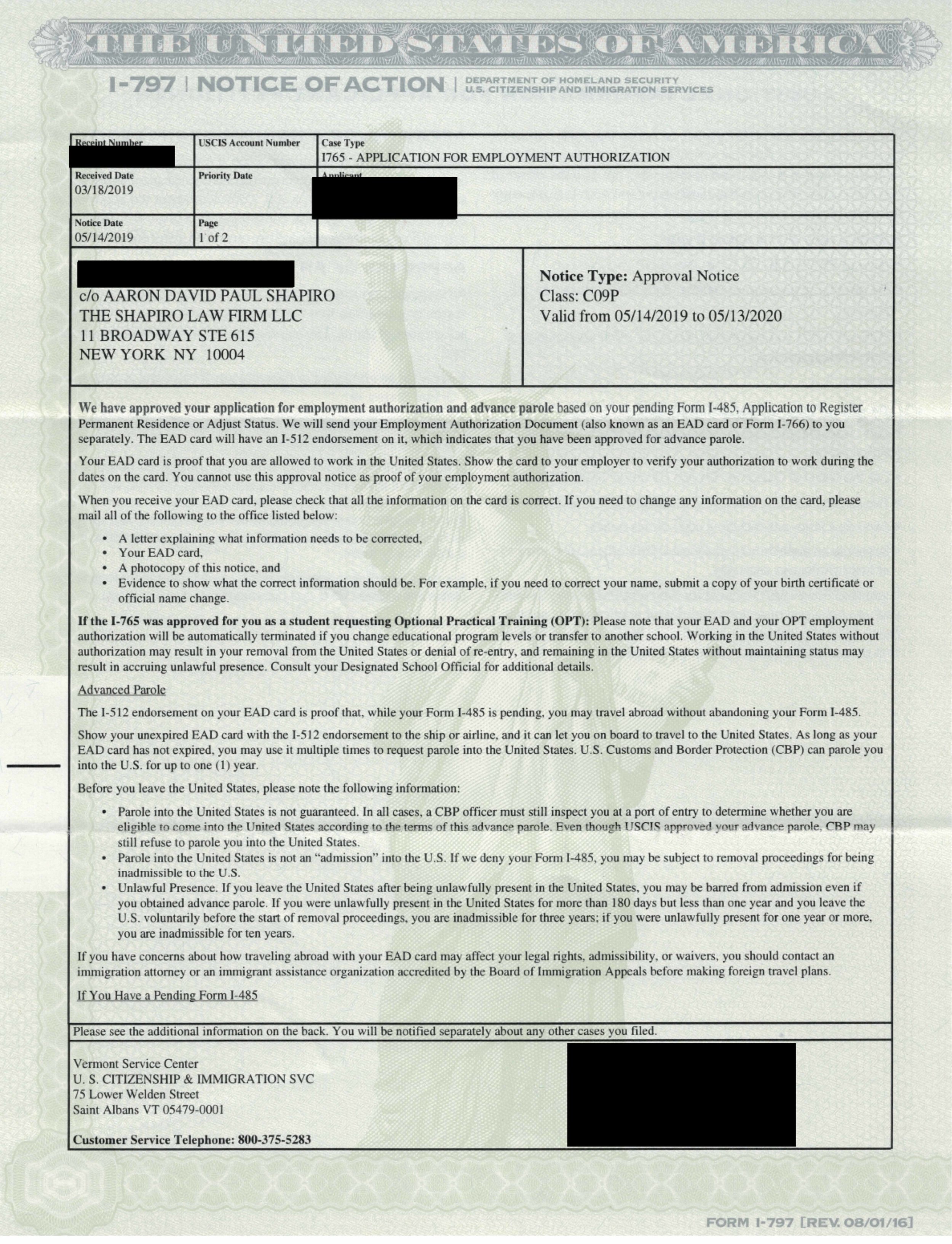 Form I-797, Notice of Action. I-765 Approval Notice