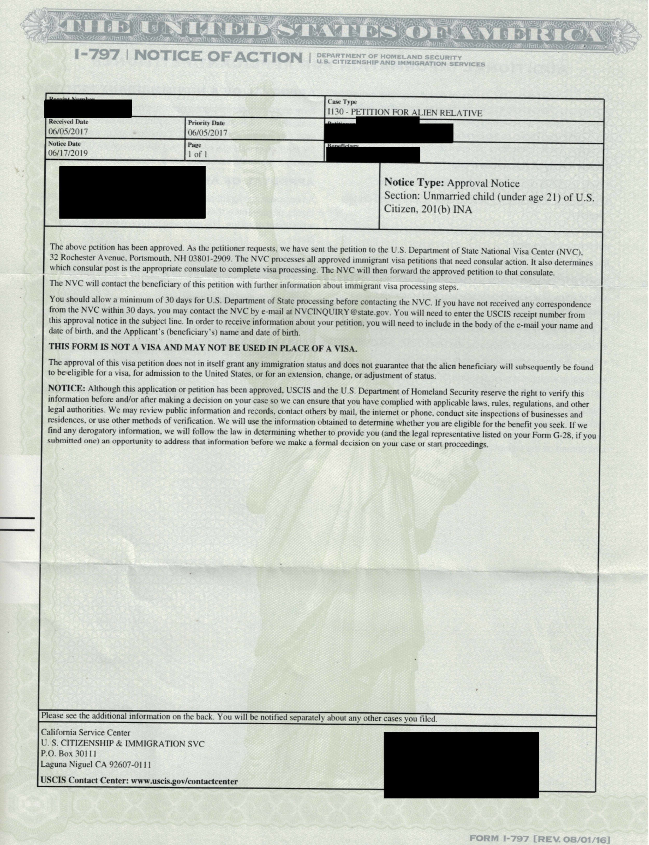 Form I-797, Notice of Action. I-130 Approval Notice