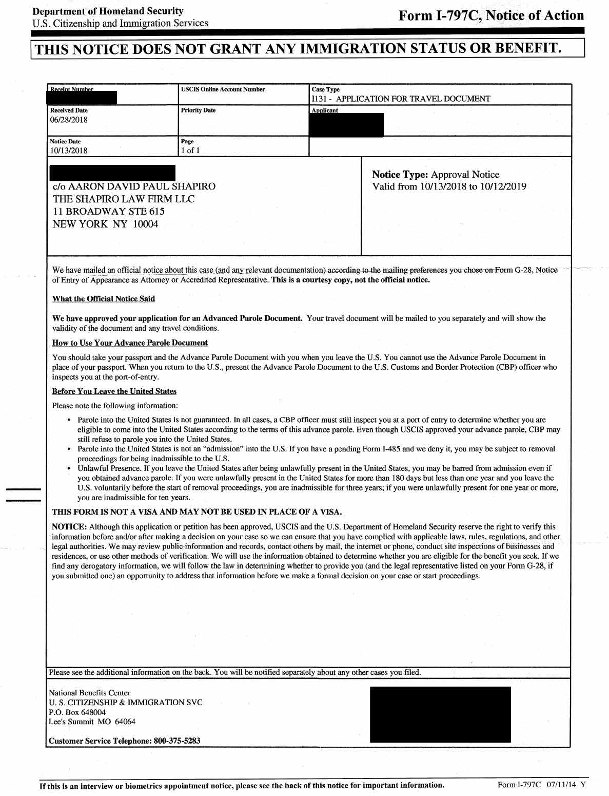 Form I-797C, Notice of Action, I-131 Approval Notice