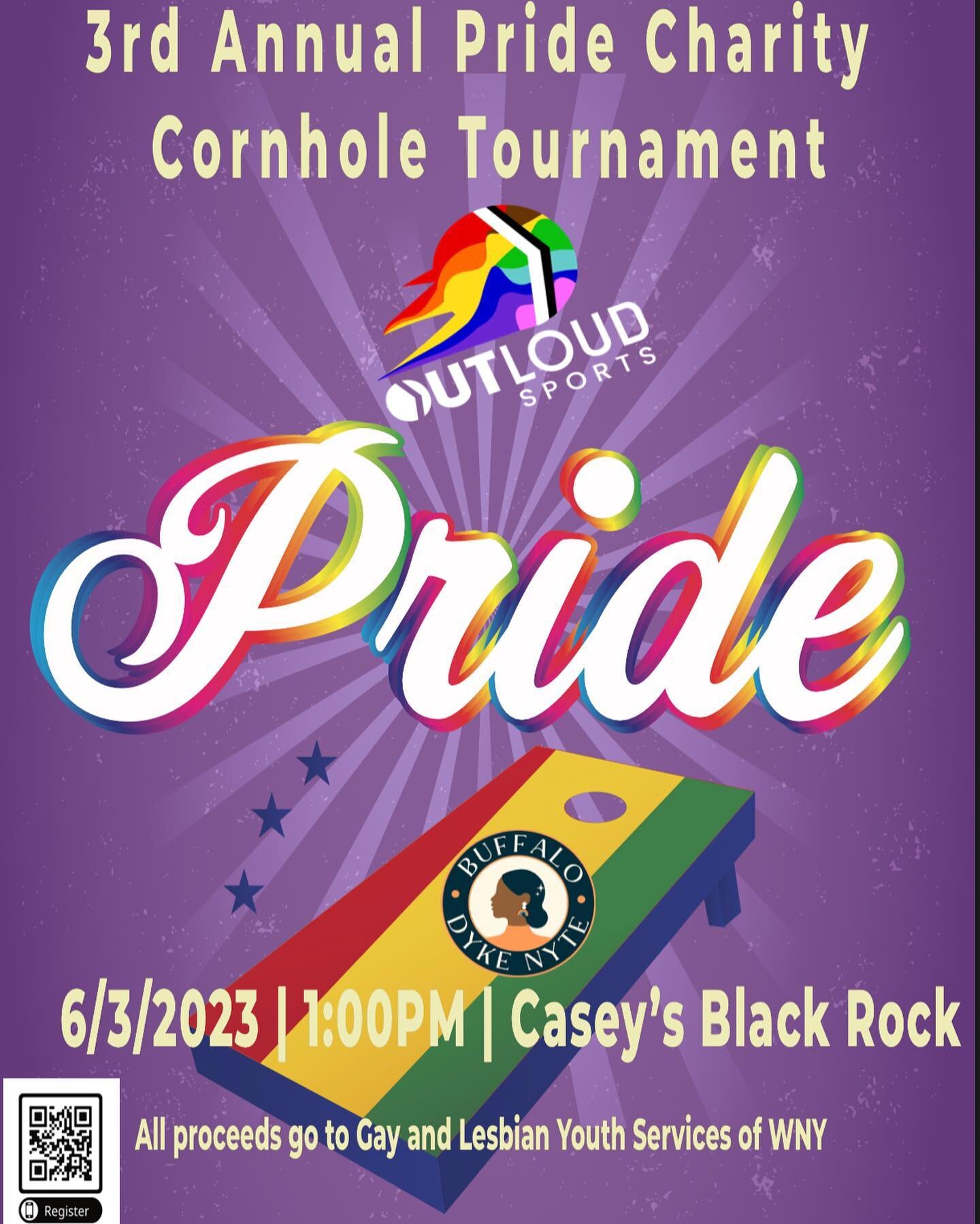 3rd annal pride charity cornhole tournament will be June 3rd at 1:00PM @caseysblackrock! DJ Jam and @dykenytebuffalo will also be partnering this year. All proceeds go to @glys_wny.  Early bird registration ends April 12th. Register now for $5 off pe