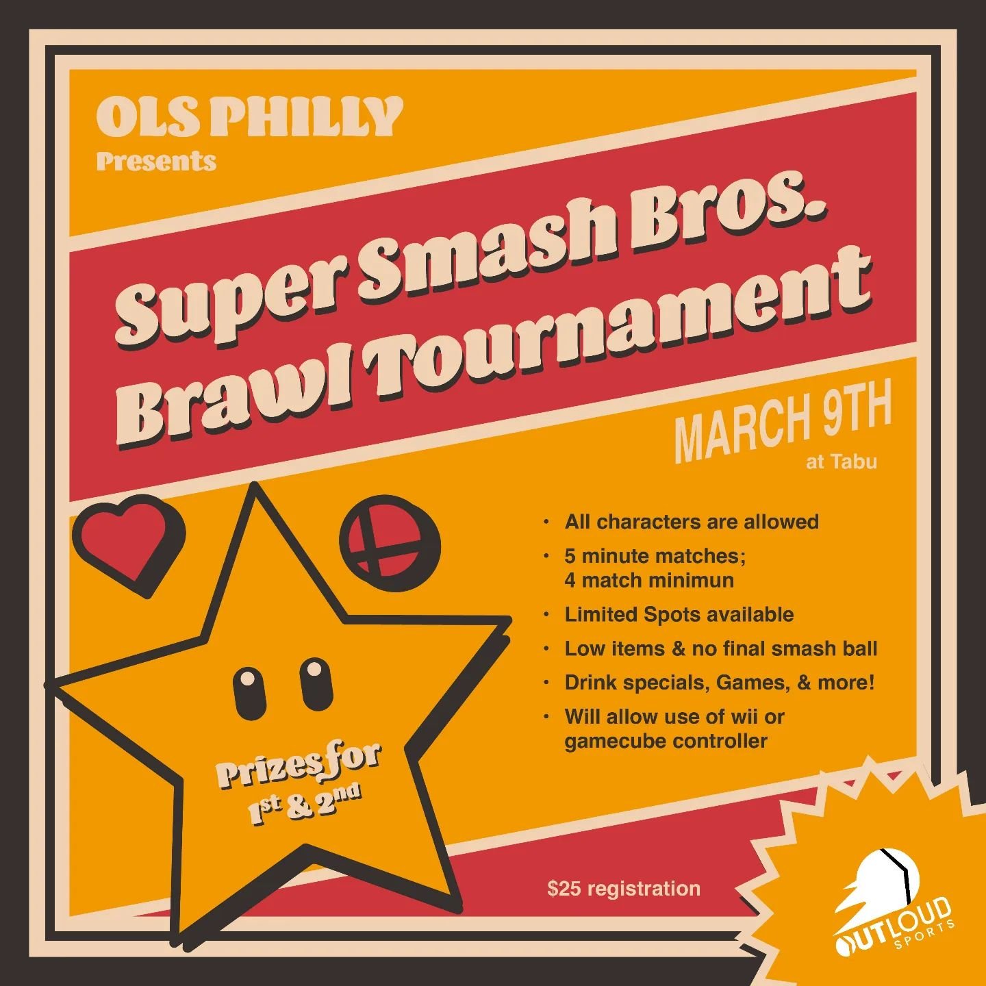 Tomorrow registration opens for our game tournament. It will be a smash bros brawl tournament at tabu! Everyone who registers will get to play a minimum of 4 games through the event! There will be cash prizes for both 1st and second place.

There wil