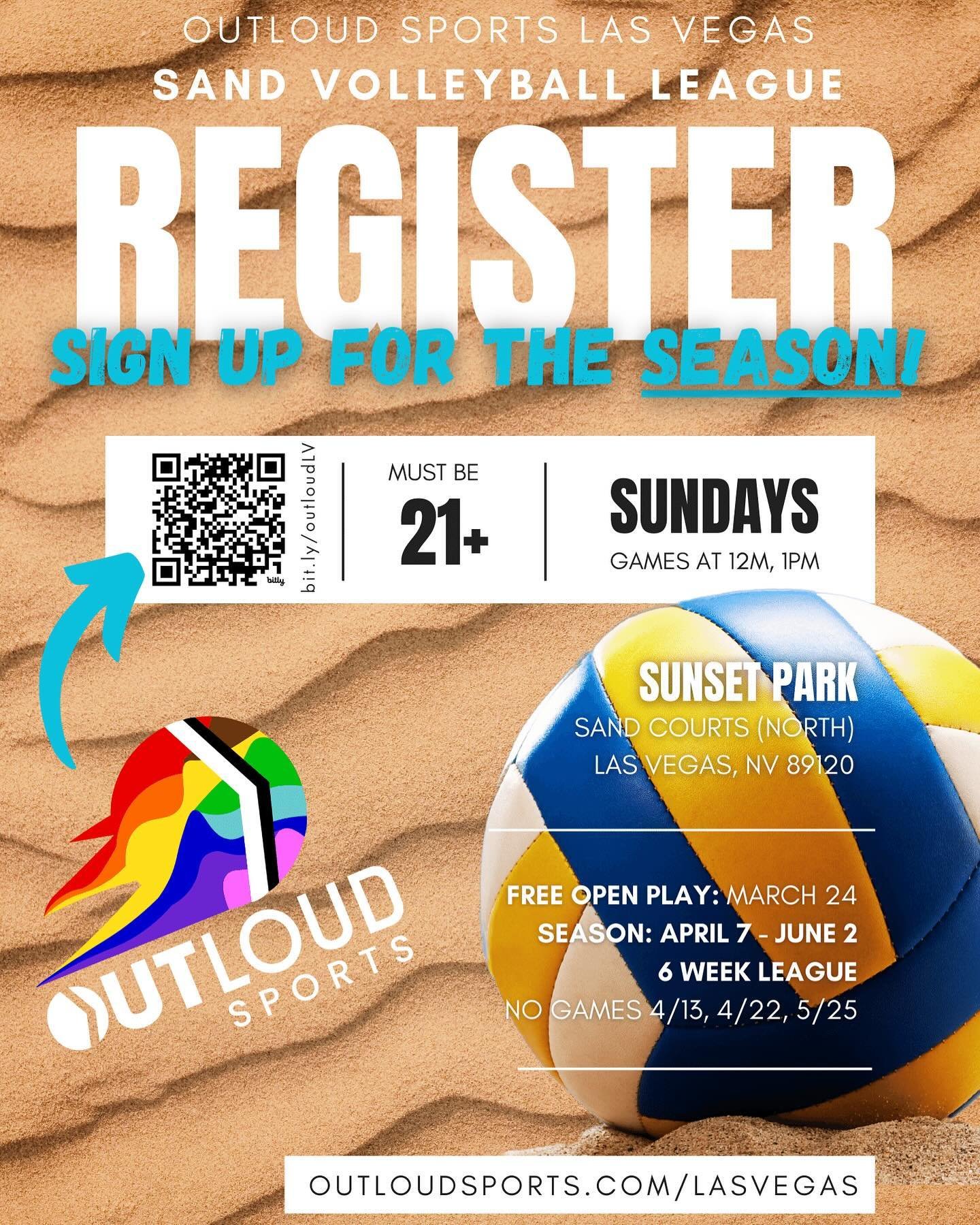 There&rsquo;s still time to register for SAND VOLLEYBALL! Registration now closes end of day this Saturday&hellip; season runs 4/7 to 6/2. Break out those BOOTY SHORTS and come play in the sand! 🤩🏐🏖️ Registration 🔗 in bio. 😎

#queervegas #queerv
